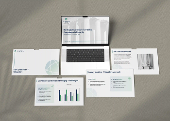 Marketing report pages laid out around a laptop