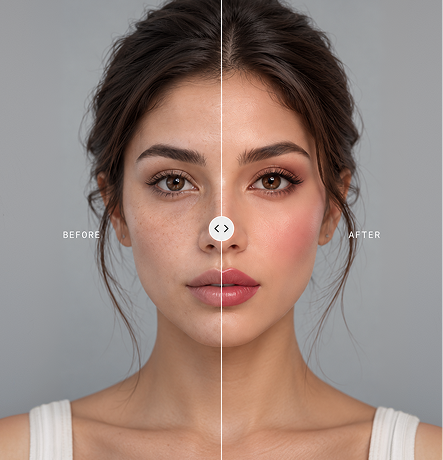 Before and after split of a face showing a virtual makeup try-on
