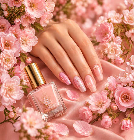 Hand with pink manicured nails beside a nail polish bottle and flowers
